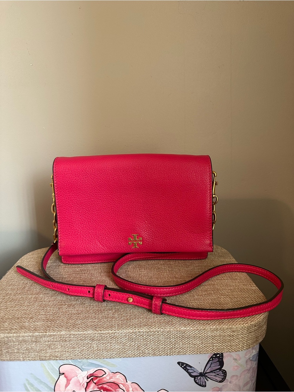 Tory Burch Hot Pink Pebbled Leather Crossbody with Gold Logo